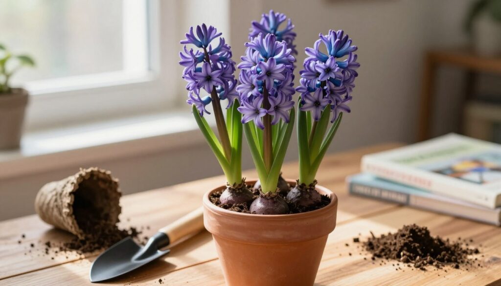 A beautifully arranged cluster of purple hyacinths in a terracotta pot, showcasing the striking beauty of the flowers and healthy green leaves. The pot rests on a wooden table, surrounded by gardening tools such as a trowel and potting soil. Soft, natural light filters in from a window, illuminating the delicate petals and casting gentle shadows across the table. In the background, hints of fresh potting soil and a few gardening books add depth to the scene, emphasizing the theme of nurturing growth. The overall atmosphere is calm and inviting, perfect for illustrating the process of selecting the right container and substrate for planting hyacinths. Focus on a close-up angle that captures the intricate details of the flowers and the textures of the potting materials. A beautifully arranged cluster of purple hyacinths in a terracotta pot, showcasing the striking beauty of the flowers and healthy green leaves. The pot rests on a wooden table, surrounded by gardening tools such as a trowel and potting soil. Soft, natural light filters in from a window, illuminating the delicate petals and casting gentle shadows across the table. In the background, hints of fresh potting soil and a few gardening books add depth to the scene, emphasizing the theme of nurturing growth. The overall atmosphere is calm and inviting, perfect for illustrating the process of selecting the right container and substrate for planting hyacinths. Focus on a close-up angle that captures the intricate details of the flowers and the textures of the potting materials.