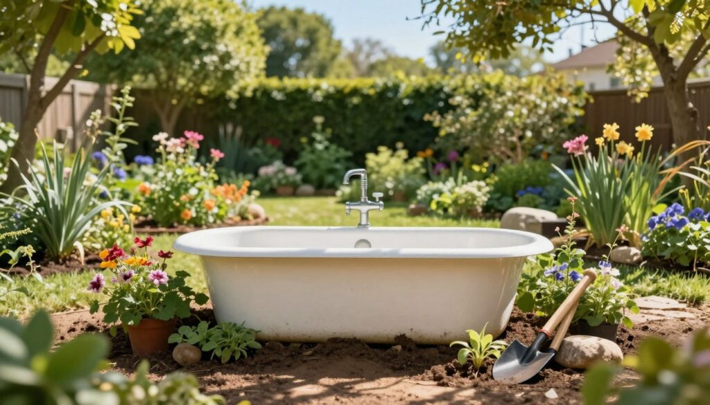A beautifully arranged garden scene featuring an old bathtub being transformed for new uses. In the foreground, the bathtub is half-buried in the earth, surrounded by vibrant flowering plants and a small pile of gardening tools. The middle ground showcases a well-kept garden filled with various plants and a few small decorative stones leading to the bathtub. In the background, there are lush, green trees and a clear blue sky, enhancing the serene atmosphere. Soft, warm sunlight filters through the trees, creating dappled shadows on the ground. The mood is peaceful and inviting, emphasizing a sense of renewal and creativity in gardening. Focus on the textures of the bathtub and surrounding flora, captured with a gentle depth of field to draw attention to the transformation taking place. A beautifully arranged garden scene featuring an old bathtub being transformed for new uses. In the foreground, the bathtub is half-buried in the earth, surrounded by vibrant flowering plants and a small pile of gardening tools. The middle ground showcases a well-kept garden filled with various plants and a few small decorative stones leading to the bathtub. In the background, there are lush, green trees and a clear blue sky, enhancing the serene atmosphere. Soft, warm sunlight filters through the trees, creating dappled shadows on the ground. The mood is peaceful and inviting, emphasizing a sense of renewal and creativity in gardening. Focus on the textures of the bathtub and surrounding flora, captured with a gentle depth of field to draw attention to the transformation taking place.
