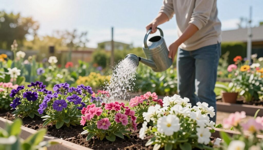 A beautifully arranged garden scene focusing on the optimal care of verbena plants. In the foreground, vibrant verbena flowers in various colors—purple, pink, and white—are delicately positioned in a well-tended flower bed, demonstrating healthy growth. The middle ground features a gardener in modest casual clothing using a watering can with a gentle stream of water cascading onto the soil, emphasizing proper watering techniques. The background includes a clear blue sky with soft, diffused sunlight creating a warm, inviting atmosphere. The scene is framed with lush greenery and other garden plants, enhancing the feeling of a flourishing garden. The image conveys tranquility and a sense of nurturing, ideal for illustrating plant care.