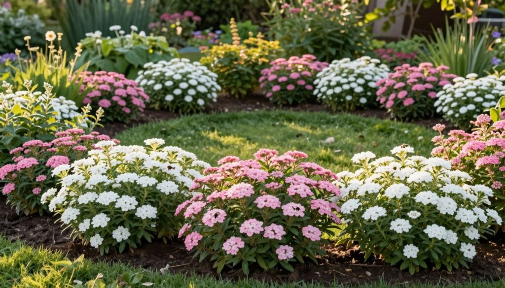 A beautifully arranged garden showcasing dwarf and medium varieties of Japanese spiraea, displayed in a lush bed with dense foliage. In the foreground, clusters of compact spiraea plants bloom in vibrant white and pink hues, attracting pollinators. The middle section reveals a carefully maintained landscape, featuring a slight rise that adds depth, with various stages of spiraea showcasing their growth habits. In the background, soft-focus greenery complements the scene, allowing the colorful spiraea to stand out. Golden morning light bathes the garden, creating a warm, inviting atmosphere. The composition is captured from a slightly elevated angle, providing a comprehensive view of the planting layout, emphasizing the importance of spacing in achieving a robust garden design.