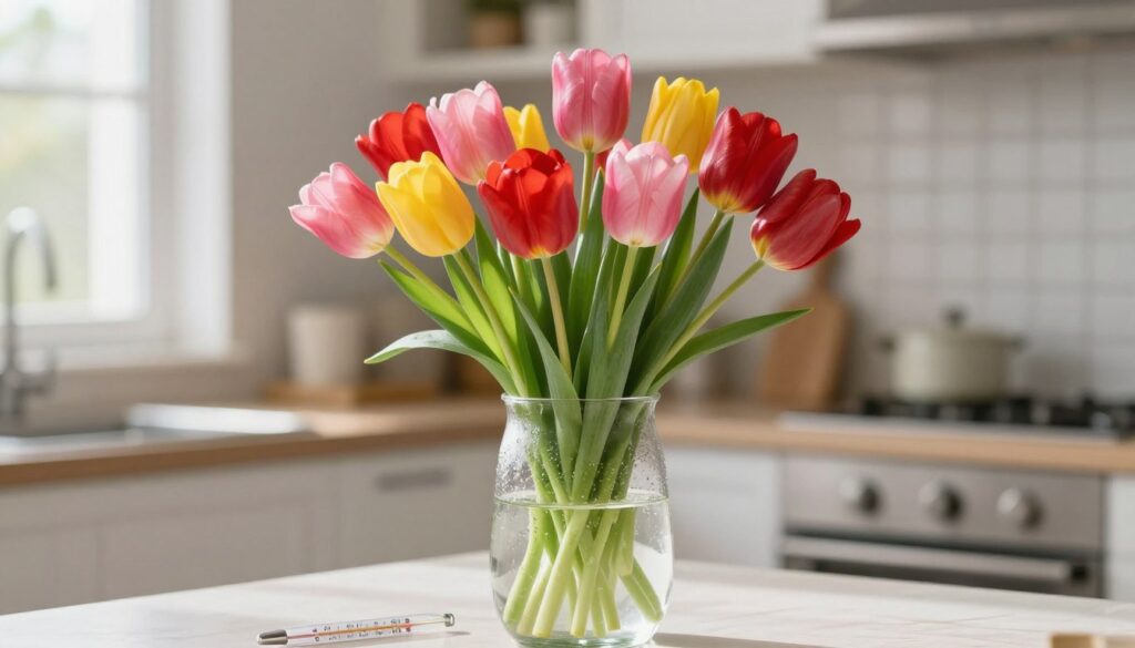 A beautifully arranged vase of vibrant tulips showcasing varying shades of red, pink, and yellow, set against a softly blurred kitchen background. The tulips, fresh and lush, are immersed in clear water, with condensation forming on the glass vase, emphasizing the optimal cooling effect of the water. Soft, natural light filters in from a nearby window, casting gentle shadows and enhancing the colors of the flowers. A thermometer rests discreetly beside the vase, indicating an ideal water temperature, subtly integrated into the composition. The atmosphere is serene and refreshing, suggesting a peaceful home environment conducive to flower longevity. The focus is on the vivid tulips and clear water, creating an inviting and soothing visual.