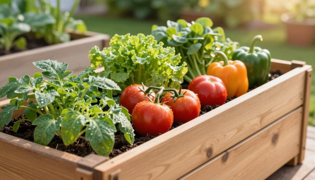 A beautifully arranged wooden vegetable planting box, filled with vibrant and fresh vegetables like tomatoes, bell peppers, and leafy greens. The foreground features a close-up of the rich soil and droplet-laden leaves, showcasing the bountiful harvest. In the middle ground, the planting box extends with a rustic finish, revealing accurate dimensions ideal for a garden or terrace setting. In the background, a sunny garden filled with greenery adds a sense of tranquility, with soft sunlight casting gentle shadows. The scene has a serene and inviting atmosphere, aiming to inspire a connection with nature and gardening. The image should have a warm color palette, evoking a sense of warmth and growth, taken from a slightly elevated angle to capture the full depth of the planting box and its surroundings.