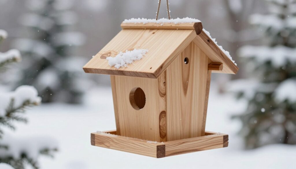 A beautifully crafted bird feeder made from untreated wood, carefully coated with a natural and safe wood preservative. In the foreground, focus on the textured surface of the feeder, showcasing the glistening finish that highlights its protective layer. In the middle ground, depict a snowy landscape, with soft snowflakes gently falling around, symbolizing winter's chill. In the background, include a few evergreen trees dusted with snow, adding depth. Soft, diffused lighting creates a warm, inviting atmosphere, emphasizing the feeder's safe and practical design for winter use. Capture the image from a slightly elevated angle, allowing viewers to appreciate the feeder's details while maintaining a serene winter scene. A beautifully crafted bird feeder made from untreated wood, carefully coated with a natural and safe wood preservative. In the foreground, focus on the textured surface of the feeder, showcasing the glistening finish that highlights its protective layer. In the middle ground, depict a snowy landscape, with soft snowflakes gently falling around, symbolizing winter's chill. In the background, include a few evergreen trees dusted with snow, adding depth. Soft, diffused lighting creates a warm, inviting atmosphere, emphasizing the feeder's safe and practical design for winter use. Capture the image from a slightly elevated angle, allowing viewers to appreciate the feeder's details while maintaining a serene winter scene.