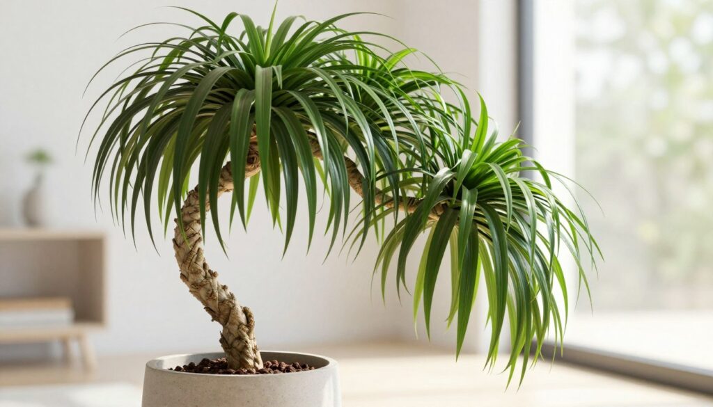 A beautifully curved Nolina plant, elegantly displayed as a living sculpture. The foreground features the thick, twisted trunk of the Nolina, its lush, green leaves cascading gracefully, creating an organic shape that draws the eye. In the middle ground, a clean, modern pot complements the plant's natural elegance, enhancing the overall aesthetic. The background is softly blurred, featuring hints of a bright interior space filled with soft, diffused natural light, emanating from a nearby window. The atmosphere is serene and inviting, evoking a sense of tranquility. Capture the vibrant colors of the foliage, highlighting the interplay of light and shadow on the leaves, with a focus on a slight overhead angle to showcase the plant's unique form. A beautifully curved Nolina plant, elegantly displayed as a living sculpture. The foreground features the thick, twisted trunk of the Nolina, its lush, green leaves cascading gracefully, creating an organic shape that draws the eye. In the middle ground, a clean, modern pot complements the plant's natural elegance, enhancing the overall aesthetic. The background is softly blurred, featuring hints of a bright interior space filled with soft, diffused natural light, emanating from a nearby window. The atmosphere is serene and inviting, evoking a sense of tranquility. Capture the vibrant colors of the foliage, highlighting the interplay of light and shadow on the leaves, with a focus on a slight overhead angle to showcase the plant's unique form.