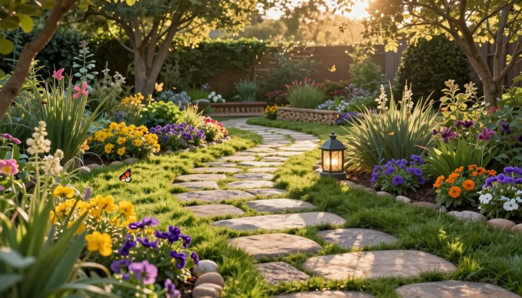 A beautifully designed garden pathway, made from smooth, natural stones interspersed with lush green grass, creates an inviting atmosphere. In the foreground, vibrant flowers in shades of yellow, purple, and pink line the edges of the path, while cheerful butterflies flutter about. The middle ground features a gently winding path that leads to a cozy garden nook, enhanced by decorative stone borders and small, elegant lanterns that softly illuminate the space. In the background, mature trees provide dappled sunlight filtering through their leaves, casting playful shadows on the path. The scene is captured during the golden hour, with warm, soft lighting that evokes a serene and peaceful mood, perfect for a tranquil garden retreat. A beautifully designed garden pathway, made from smooth, natural stones interspersed with lush green grass, creates an inviting atmosphere. In the foreground, vibrant flowers in shades of yellow, purple, and pink line the edges of the path, while cheerful butterflies flutter about. The middle ground features a gently winding path that leads to a cozy garden nook, enhanced by decorative stone borders and small, elegant lanterns that softly illuminate the space. In the background, mature trees provide dappled sunlight filtering through their leaves, casting playful shadows on the path. The scene is captured during the golden hour, with warm, soft lighting that evokes a serene and peaceful mood, perfect for a tranquil garden retreat.
