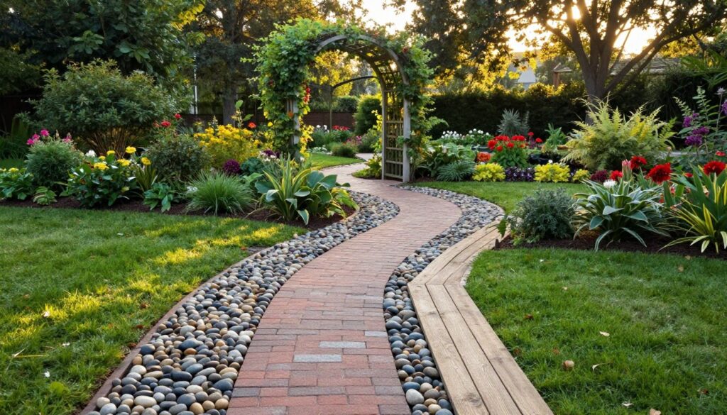 A beautifully designed garden pathway, showcasing various materials such as pebbles, bricks, and wooden planks. In the foreground, a well-defined path made of smooth river stones contrasts with lush green grass on either side. The middle ground features an inviting archway trellis adorned with climbing plants, leading into a more expansive garden area filled with vibrant flowers and shrubs. In the background, tall trees provide dappled sunlight filtering through the leaves, creating a serene and warm atmosphere. The image captures a soft golden hour lighting, emphasizing the textures and colors of the materials, with a slightly elevated angle to showcase the depth and flow of the winding path. The overall mood is tranquil and inviting, emphasizing both aesthetic appeal and durability of garden pathways.