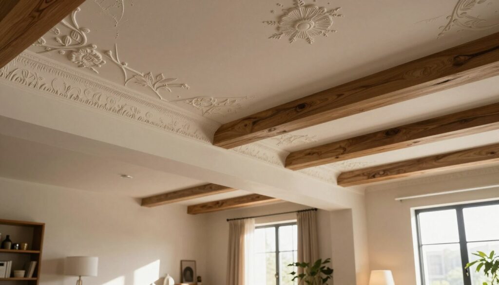 A beautifully designed interior featuring a ceiling adorned with sophisticated textures and elegant finishes, showcasing alternatives to traditional paint. In the foreground, a close-up of a creative, patterned ceiling with decorative plaster work and wooden beams. The middle section reveals a cozy living space with soft lighting and stylish furnishings, complementing the ceiling's intricate details. The background highlights a warm and inviting atmosphere, with natural light filtering through large windows, casting subtle shadows on the walls. The mood is refined and tranquil, emphasizing the versatility and beauty of different ceiling designs. The overall composition should evoke a sense of elegance and inspire creativity in home decoration, presented from a slightly elevated angle to capture the ceiling's design details effectively. A beautifully designed interior featuring a ceiling adorned with sophisticated textures and elegant finishes, showcasing alternatives to traditional paint. In the foreground, a close-up of a creative, patterned ceiling with decorative plaster work and wooden beams. The middle section reveals a cozy living space with soft lighting and stylish furnishings, complementing the ceiling's intricate details. The background highlights a warm and inviting atmosphere, with natural light filtering through large windows, casting subtle shadows on the walls. The mood is refined and tranquil, emphasizing the versatility and beauty of different ceiling designs. The overall composition should evoke a sense of elegance and inspire creativity in home decoration, presented from a slightly elevated angle to capture the ceiling's design details effectively.