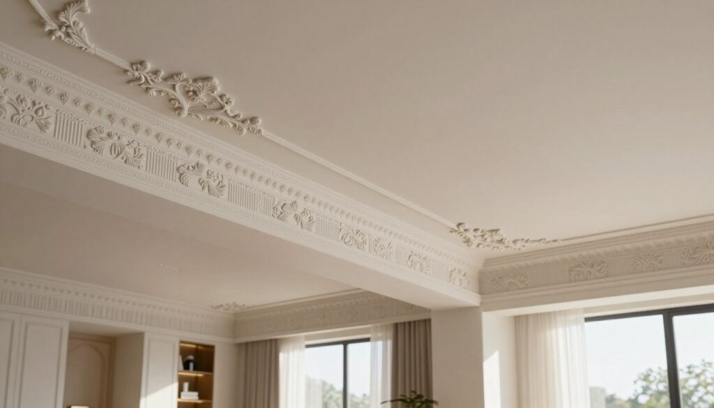 A beautifully designed interior showcasing decorative ceiling panels and elaborate cornices, emphasizing an artistic blend of traditional craftsmanship and modern elegance. The foreground features intricately detailed plasterwork in soft white and subtle gold tones, casting gentle shadows that highlight their texture. In the middle, a spacious, well-lit room with elegant furnishings complements the ceiling details, exuding sophistication. The background shows soft natural light streaming through large windows, creating a warm and inviting atmosphere. The angle captures the ceiling’s ornate designs prominently, ensuring the intricate details are the focal point of the composition. The overall mood is refined and serene, ideal for illustrating aesthetic interior decor choices. A beautifully designed interior showcasing decorative ceiling panels and elaborate cornices, emphasizing an artistic blend of traditional craftsmanship and modern elegance. The foreground features intricately detailed plasterwork in soft white and subtle gold tones, casting gentle shadows that highlight their texture. In the middle, a spacious, well-lit room with elegant furnishings complements the ceiling details, exuding sophistication. The background shows soft natural light streaming through large windows, creating a warm and inviting atmosphere. The angle captures the ceiling’s ornate designs prominently, ensuring the intricate details are the focal point of the composition. The overall mood is refined and serene, ideal for illustrating aesthetic interior decor choices.