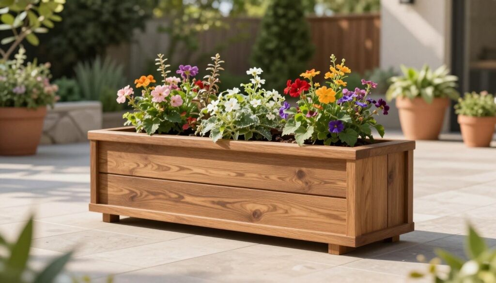 A beautifully designed, modern planter box made from composite wood, showcasing its aesthetic appeal and durability. In the foreground, the planter is filled with vibrant, blooming flowers and lush green foliage, demonstrating various plant options suitable for outdoor spaces. The middle ground features a well-maintained garden patio, with decorative stones and potted plants enhancing the overall atmosphere. The background displays a tranquil outdoor setting with soft natural light filtering through trees, casting gentle shadows. The image is captured from a low angle to emphasize the planter's structure and design, creating a warm and inviting mood, perfect for showcasing a stylish outdoor space. A beautifully designed, modern planter box made from composite wood, showcasing its aesthetic appeal and durability. In the foreground, the planter is filled with vibrant, blooming flowers and lush green foliage, demonstrating various plant options suitable for outdoor spaces. The middle ground features a well-maintained garden patio, with decorative stones and potted plants enhancing the overall atmosphere. The background displays a tranquil outdoor setting with soft natural light filtering through trees, casting gentle shadows. The image is captured from a low angle to emphasize the planter's structure and design, creating a warm and inviting mood, perfect for showcasing a stylish outdoor space.