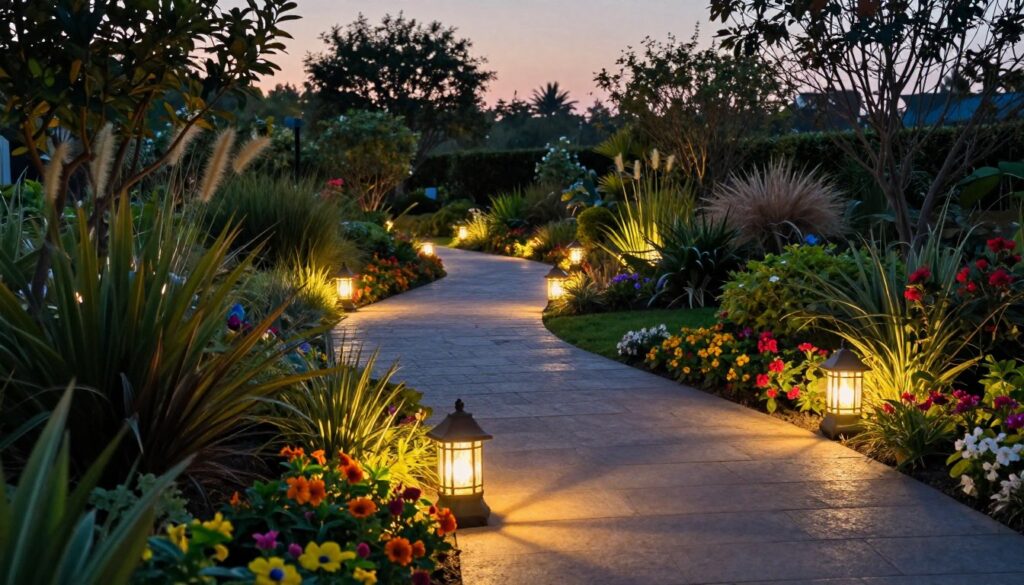 A beautifully illuminated garden pathway at dusk, featuring soft, warm lighting that highlights the decorative elements along the path. In the foreground, vibrant flowering plants border the stone pathway, while delicate lanterns cast a gentle glow, creating a welcoming atmosphere. The middle ground showcases a winding path meandering through lush greenery, with various ornamental plants strategically placed for visual interest. In the background, silhouettes of trees create a serene backdrop against a twilight sky filled with fading light. Shot from a slightly elevated angle to capture the depth of the pathway, the image conveys tranquility and enchantment, ideal for inspiring garden enthusiasts to utilize lighting and vegetation creatively.
