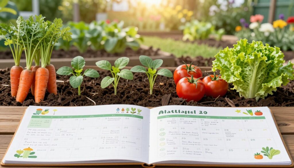 A beautifully illustrated vegetable planting calendar, arranged in a flat lay style, showcasing various colorful vegetables like carrots, tomatoes, and lettuce. In the foreground, a wooden planner filled with hand-written notes about optimal planting times and companion planting strategies. The middle layer features vibrant vegetable seedlings sprouting from a rich, dark soil, suggesting growth and vitality. In the background, a lush garden setting under soft, golden sunlight, with blurred greenery and blooming flowers, creating a serene atmosphere. The composition exudes a sense of organization and harmony, capturing the essence of effective gardening practices. A beautifully illustrated vegetable planting calendar, arranged in a flat lay style, showcasing various colorful vegetables like carrots, tomatoes, and lettuce. In the foreground, a wooden planner filled with hand-written notes about optimal planting times and companion planting strategies. The middle layer features vibrant vegetable seedlings sprouting from a rich, dark soil, suggesting growth and vitality. In the background, a lush garden setting under soft, golden sunlight, with blurred greenery and blooming flowers, creating a serene atmosphere. The composition exudes a sense of organization and harmony, capturing the essence of effective gardening practices.