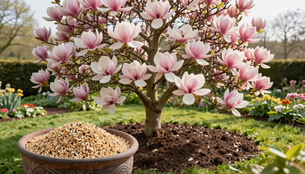 A beautifully landscaped garden featuring a magnificent magnolia tree in full bloom, showcasing large, delicate pink and white flowers. In the foreground, an artisan pot filled with organic fertilizer specifically formulated for magnolias, with natural grains visibly included. The middle ground highlights the magnolia tree thriving in rich, dark soil, surrounded by lush green foliage, demonstrating its healthy growth. In the background, a soft-focus view of a serene garden landscape under bright but diffused sunlight, creating a warm and inviting atmosphere. Use a slightly elevated angle to capture the vibrant colors and textures, emphasizing the connection between the fertilizer and the magnificent flowers. The mood is uplifting and harmonious, embodying the beauty of nurturing nature. A beautifully landscaped garden featuring a magnificent magnolia tree in full bloom, showcasing large, delicate pink and white flowers. In the foreground, an artisan pot filled with organic fertilizer specifically formulated for magnolias, with natural grains visibly included. The middle ground highlights the magnolia tree thriving in rich, dark soil, surrounded by lush green foliage, demonstrating its healthy growth. In the background, a soft-focus view of a serene garden landscape under bright but diffused sunlight, creating a warm and inviting atmosphere. Use a slightly elevated angle to capture the vibrant colors and textures, emphasizing the connection between the fertilizer and the magnificent flowers. The mood is uplifting and harmonious, embodying the beauty of nurturing nature.