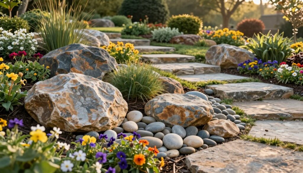 A beautifully landscaped garden featuring elegant stone accents, showcasing various sized and shaped stones integrated into flowering beds and sloped areas. In the foreground, a variety of smooth river stones and rugged boulders create texture and interest, surrounded by vibrant flowers in a mix of colors. The middle ground presents gently sloping earth enhanced with strategically placed stone pathways winding through lush greenery. The background reveals a soft-focus view of ornamental bushes and trees, bathed in warm afternoon sunlight. The scene conveys a serene and inviting atmosphere, perfect for relaxing outdoors. Natural lighting highlights the textures of the stones and plants, emphasizing a peaceful harmony between nature and stonework. A beautifully landscaped garden featuring elegant stone accents, showcasing various sized and shaped stones integrated into flowering beds and sloped areas. In the foreground, a variety of smooth river stones and rugged boulders create texture and interest, surrounded by vibrant flowers in a mix of colors. The middle ground presents gently sloping earth enhanced with strategically placed stone pathways winding through lush greenery. The background reveals a soft-focus view of ornamental bushes and trees, bathed in warm afternoon sunlight. The scene conveys a serene and inviting atmosphere, perfect for relaxing outdoors. Natural lighting highlights the textures of the stones and plants, emphasizing a peaceful harmony between nature and stonework.