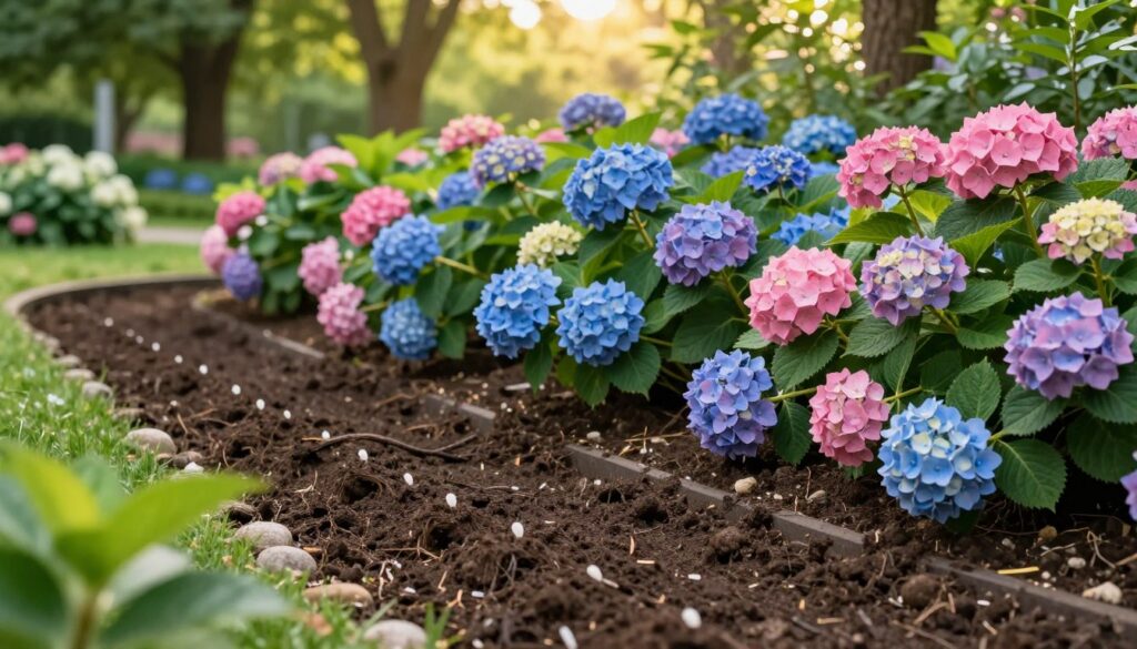 A beautifully landscaped garden featuring vibrant, healthy hydrangeas surrounded by a well-designed drainage system. In the foreground, focus on the rich, dark soil with small drainage stones peeking through, illustrating effective moisture management. The middle ground showcases clusters of blooming hydrangeas in various shades of pink and blue, their lush foliage indicating vitality. In the background, gentle sunlight filters through lush green trees, creating a soft, warm atmosphere that conveys growth and health. The angle is slightly elevated, capturing the interplay of colors and textures, while emphasizing the importance of drainage in preventing root diseases. The mood is serene and nurturing, highlighting the delicate balance of nature. A beautifully landscaped garden featuring vibrant, healthy hydrangeas surrounded by a well-designed drainage system. In the foreground, focus on the rich, dark soil with small drainage stones peeking through, illustrating effective moisture management. The middle ground showcases clusters of blooming hydrangeas in various shades of pink and blue, their lush foliage indicating vitality. In the background, gentle sunlight filters through lush green trees, creating a soft, warm atmosphere that conveys growth and health. The angle is slightly elevated, capturing the interplay of colors and textures, while emphasizing the importance of drainage in preventing root diseases. The mood is serene and nurturing, highlighting the delicate balance of nature.