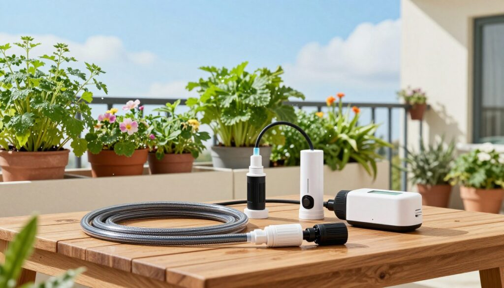 A beautifully organized balcony garden showcasing an innovative automatic irrigation system. In the foreground, a detailed layout of irrigation components, including drip hoses, sensors, and connectors, arranged meticulously on a wooden table. In the middle ground, vibrant potted plants such as herbs, flowers, and vegetables, with water droplets glistening on their leaves, indicating recent watering. In the background, a bright blue sky enhances the serene atmosphere, with soft, diffused sunlight illuminating the scene. The angle captures the entire arrangement from a slightly elevated perspective, emphasizing the harmony between technology and nature. The overall mood is one of tranquility and productivity, perfectly illustrating the concept of efficient plant care through automated irrigation.