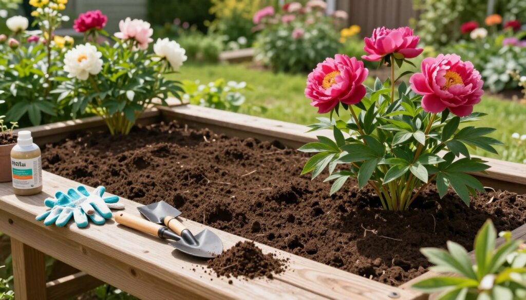 A beautifully organized garden workspace dedicated to preparing the soil for peonies. In the foreground, there is a wooden bench with gardening tools, including a trowel, gloves, and soil amendments. In the middle, freshly turned dark brown soil displays a meticulously prepared planting area with vibrant peony plants nearby, showing their lush green leaves. The background highlights a sunny garden scene with blooming peonies in various bright colors, framed by green shrubs and flowering plants. Soft sunlight fills the scene, creating a warm, inviting atmosphere. The camera angle captures the workspace at eye-level, enhancing the detailed textures of the soil and plants, conveying a sense of tranquility and dedication to gardening.