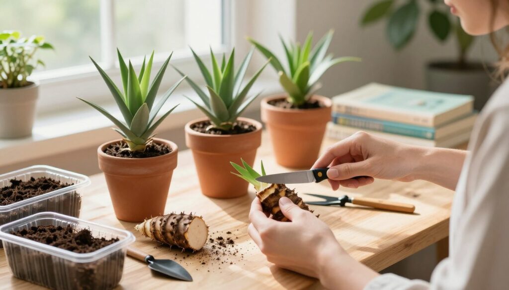 A bright and serene indoor workspace dedicated to plant propagation, featuring a close-up view of a person carefully preparing yucca cuttings. The foreground showcases the person's hands, gently trimming the yucca leaves with a sharp knife, wearing modest casual clothing. In the middle ground, several healthy yucca plants are arranged in terracotta pots, alongside neatly labeled soil containers and small gardening tools. The background reveals a well-lit window with soft sunlight streaming in, illuminating the scene and creating a warm atmosphere. Add subtle greenery and a few gardening books on a table to enhance the environment. The overall mood is calm and focused, reflecting the nurturing process of plant propagation. A bright and serene indoor workspace dedicated to plant propagation, featuring a close-up view of a person carefully preparing yucca cuttings. The foreground showcases the person's hands, gently trimming the yucca leaves with a sharp knife, wearing modest casual clothing. In the middle ground, several healthy yucca plants are arranged in terracotta pots, alongside neatly labeled soil containers and small gardening tools. The background reveals a well-lit window with soft sunlight streaming in, illuminating the scene and creating a warm atmosphere. Add subtle greenery and a few gardening books on a table to enhance the environment. The overall mood is calm and focused, reflecting the nurturing process of plant propagation.
