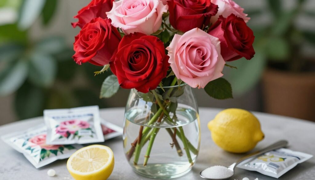 A close-up composition featuring a variety of effective additives for prolonging the life of roses in a vase. In the foreground, showcase a clear glass vase filled halfway with water. Surrounding the vase are small packages of floral preservatives, a lemon, a spoonful of sugar, and a few drops of bleach, each labeled subtly without text. In the middle, lush, freshly cut roses with vibrant hues of red and pink are arranged gracefully, their stems submerged in the water. The background is softly blurred with a hint of green foliage creating a serene atmosphere, accentuated by soft, natural lighting that highlights the vivid colors of the roses and additives. Capture the scene from a slightly elevated angle to emphasize the glossy surface of the water and the freshness of the flowers.