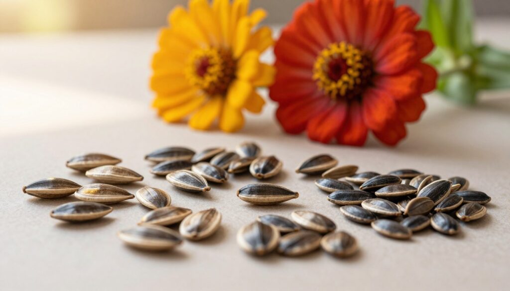 A close-up composition of "nasion cynii" seeds, showcasing their unique differences among popular varieties. The foreground features an assortment of seeds with varying shapes, sizes, and textures, highlighting their natural colors: rich browns, deep blacks, and hints of gold. Each seed should be distinctly visible, arranged on a soft, neutral-colored surface to enhance their features. In the middle ground, a blurred bouquet of vibrant zinnia flowers in full bloom adds a colorful contrast, indicating their direct connection to the seeds. The background is softly lit with warm, natural sunlight, creating a calming atmosphere. The angle is slightly above eye level, allowing for a detailed view of the seeds while also capturing some of the flower stems, enriching the overall composition. A close-up composition of "nasion cynii" seeds, showcasing their unique differences among popular varieties. The foreground features an assortment of seeds with varying shapes, sizes, and textures, highlighting their natural colors: rich browns, deep blacks, and hints of gold. Each seed should be distinctly visible, arranged on a soft, neutral-colored surface to enhance their features. In the middle ground, a blurred bouquet of vibrant zinnia flowers in full bloom adds a colorful contrast, indicating their direct connection to the seeds. The background is softly lit with warm, natural sunlight, creating a calming atmosphere. The angle is slightly above eye level, allowing for a detailed view of the seeds while also capturing some of the flower stems, enriching the overall composition.