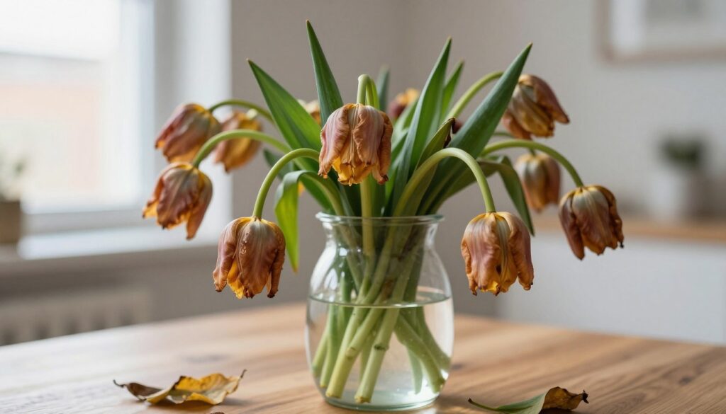 A close-up image of a vase filled with wilted and faded tulips, showcasing the common mistakes that shorten their lifespan. The tulips display drooping stems, brownish petals, and murky water in the vase, with some leaves appearing yellow and dying. In the foreground, a few fallen leaves lie on a wooden table, emphasizing neglect. The middle ground features the vase prominently, reflecting natural light from a nearby window, creating soft highlights on the petals. In the background, a blurred impression of an indoor space with soft pastel colors enhances the mood of a serene yet neglected flower arrangement. The composition should evoke a sense of loss and the importance of proper care for cut flowers.