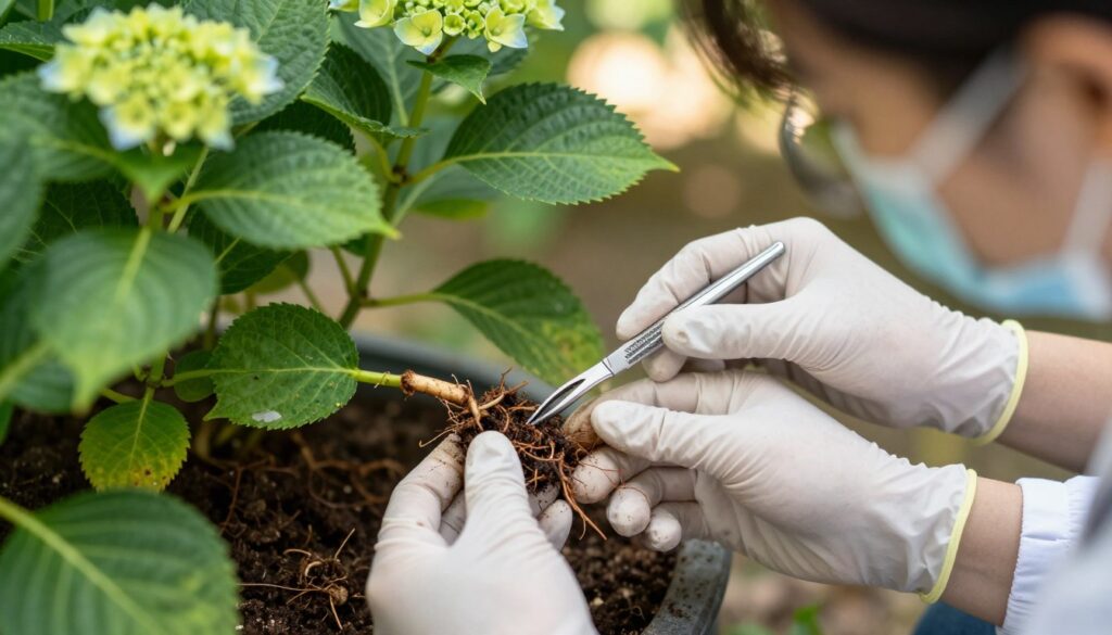A close-up of a botanist in professional attire carefully performing surgical removal of decayed plant roots. The foreground features gloved hands using small surgical tools to extract brown, mushy roots from the soil of a vibrant hydrangea plant. In the middle, the lush green leaves of healthy hydrangeas contrast with the damaged root segment being removed, showcasing the stark difference in health. The background includes a soft-focus garden setting with dappled sunlight filtering through leaves, creating a calm and focused atmosphere. The lighting is warm and inviting, emphasizing the careful nature of the procedure, with a macro lens perspective that highlights the details of the tools and soil. The mood is one of meticulous care and restoration, reflecting the importance of plant health. A close-up of a botanist in professional attire carefully performing surgical removal of decayed plant roots. The foreground features gloved hands using small surgical tools to extract brown, mushy roots from the soil of a vibrant hydrangea plant. In the middle, the lush green leaves of healthy hydrangeas contrast with the damaged root segment being removed, showcasing the stark difference in health. The background includes a soft-focus garden setting with dappled sunlight filtering through leaves, creating a calm and focused atmosphere. The lighting is warm and inviting, emphasizing the careful nature of the procedure, with a macro lens perspective that highlights the details of the tools and soil. The mood is one of meticulous care and restoration, reflecting the importance of plant health.