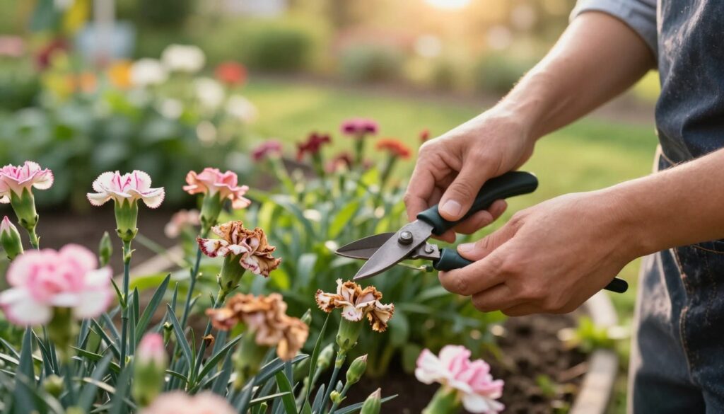 A close-up of a gardener in professional attire carefully pruning withered carnation flowers, focusing on the technique of cutting stems just above fresh leaves. The foreground features delicate, vibrant pink and white goździki with faded blooms, while the middle ground showcases lush green foliage indicating healthy growth. In the background, a well-tended flower bed is softly blurred, suggesting a tranquil garden atmosphere. The lighting is warm and natural, evoking a late afternoon glow, with sunlight filtering through leaves to create a serene ambiance. The angle captures the gardener's hands and tools in action, emphasizing the meticulousness of the pruning process. The overall mood is calm and focused, highlighting the importance of proper care in gardening. A close-up of a gardener in professional attire carefully pruning withered carnation flowers, focusing on the technique of cutting stems just above fresh leaves. The foreground features delicate, vibrant pink and white goździki with faded blooms, while the middle ground showcases lush green foliage indicating healthy growth. In the background, a well-tended flower bed is softly blurred, suggesting a tranquil garden atmosphere. The lighting is warm and natural, evoking a late afternoon glow, with sunlight filtering through leaves to create a serene ambiance. The angle captures the gardener's hands and tools in action, emphasizing the meticulousness of the pruning process. The overall mood is calm and focused, highlighting the importance of proper care in gardening.