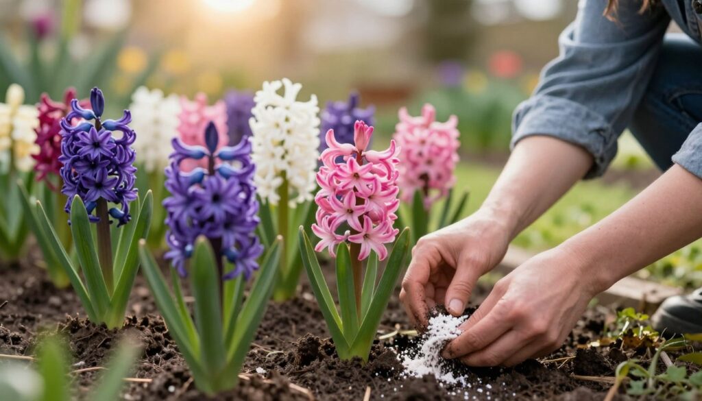 A close-up of a gardener nurturing spring hyacinths in a vibrant flower bed, showcasing rich colors of purple, pink, and white blossoms. In the foreground, the gardener gently spreads organic fertilizer around the plants, while the soil is dark and moist, indicating healthy growth. The middle ground features healthy, green foliage surrounding the hyacinths, illustrating their robust health. In the background, a soft-focus garden ambiance with sunlight filtering through the leaves, casting a warm glow. The atmosphere is serene and productive, evoking a sense of care and attention. Shot with a shallow depth of field, highlighting the nurturing process. No humans or distractions are present in the frame, ensuring focus on the plants and the act of fertilization.