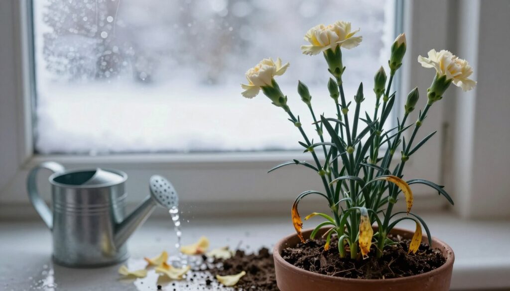 A close-up of a potted carnation plant in a winter setting, showcasing common mistakes in winter care. In the foreground, display wilted and yellowing leaves, indicating overwatering, and dry soil, suggesting underwatering. In the middle ground, include a small watering can spilling excess water and a pile of fallen petals, representing neglect. In the background, a frosty window with a soft, diffused winter light casts a cool glow, creating a serene, chilly atmosphere. Use a shallow depth of field to focus on the plant, with soft bokeh effects for the background. The overall mood should convey the fragility of winter plant care, emphasizing the importance of proper maintenance and showcasing the beauty of carnations even in cold weather. A close-up of a potted carnation plant in a winter setting, showcasing common mistakes in winter care. In the foreground, display wilted and yellowing leaves, indicating overwatering, and dry soil, suggesting underwatering. In the middle ground, include a small watering can spilling excess water and a pile of fallen petals, representing neglect. In the background, a frosty window with a soft, diffused winter light casts a cool glow, creating a serene, chilly atmosphere. Use a shallow depth of field to focus on the plant, with soft bokeh effects for the background. The overall mood should convey the fragility of winter plant care, emphasizing the importance of proper maintenance and showcasing the beauty of carnations even in cold weather.