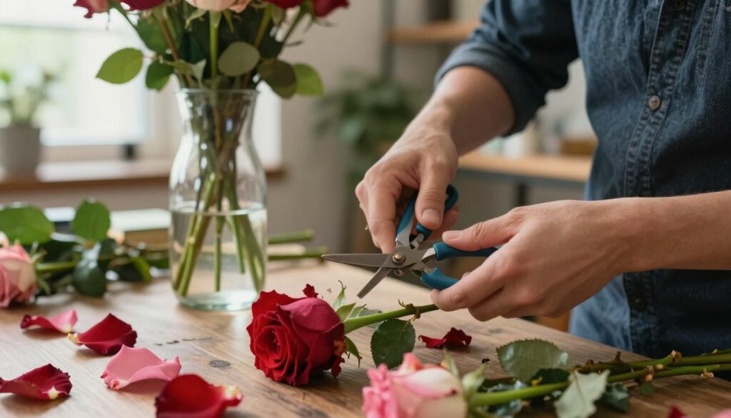 A close-up of a skilled florist gently trimming the stems of wilted roses at a precise angle with pruning shears. The florist, dressed in smart casual attire, focuses intently on the task, showcasing careful hand movements. In the foreground, vibrant red and pink rose petals are scattered, adding a splash of color. The middle ground features a clear glass vase filled with water, reflecting the light, while the background captures a softly blurred workshop environment rich with greenery and floral arrangements. Soft, natural light pours in through a nearby window, creating a warm and inviting atmosphere, emphasizing the importance of proper stem cutting to prolong the freshness of the roses.