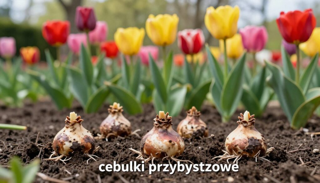 A close-up of a vibrant garden scene showcasing "cebulki przybyszowe," or tulip bulb offsets, nestled in rich, dark soil. In the foreground, the bulbs are slightly exposed, displaying their unique shapes and earthy colors, with delicate roots starting to emerge. The middle ground features a variety of tulips in full bloom, their petals open wide in bright colors like red, yellow, and pink, contrasting beautifully against the soil. In the background, a soft-focus garden with green leafy plants and gentle sunlight filtering through trees creates a serene atmosphere. The scene is warm and inviting, captured with a shallow depth of field to emphasize the details of the bulbs and flowers. Natural daylight enhances the vibrant colors, evoking a sense of growth and renewal, perfect for a gardening guide.