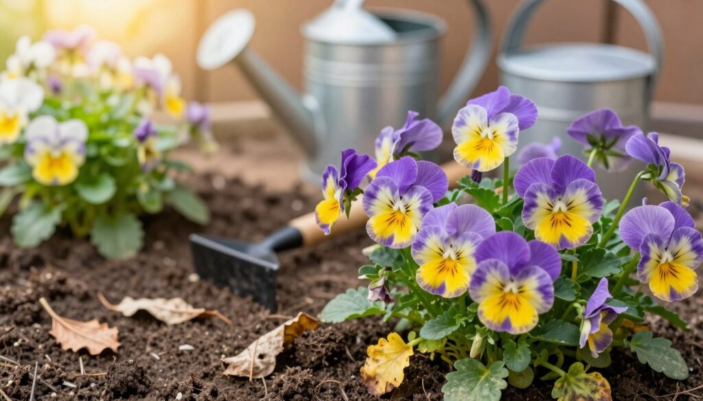 A close-up of a vibrant, healthy pot of pansies (bratki), showcasing their bright purple, yellow, and white petals. In the foreground, some wilted and yellowing leaves indicate overwatering issues, while a few scattered dry leaves suggest underwatering. The middle ground features soil with uneven moisture levels, with one side appearing too soggy and the other too dry. In the background, a watering can sits beside a gardening tool, hinting at care and maintenance. The scene is illuminated by soft, natural sunlight filtering through leaves, creating a warm and inviting atmosphere. The angle is slightly tilted to provide a dynamic view, adding depth. The overall mood is one of educational clarity, focusing on identifying watering mistakes in potted plants. A close-up of a vibrant, healthy pot of pansies (bratki), showcasing their bright purple, yellow, and white petals. In the foreground, some wilted and yellowing leaves indicate overwatering issues, while a few scattered dry leaves suggest underwatering. The middle ground features soil with uneven moisture levels, with one side appearing too soggy and the other too dry. In the background, a watering can sits beside a gardening tool, hinting at care and maintenance. The scene is illuminated by soft, natural sunlight filtering through leaves, creating a warm and inviting atmosphere. The angle is slightly tilted to provide a dynamic view, adding depth. The overall mood is one of educational clarity, focusing on identifying watering mistakes in potted plants.