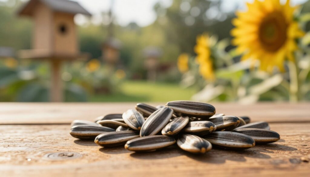 A close-up of sunflower seeds, showcasing their rough, textured husks and rich, earthy tones. The foreground features a small handful of seeds delicately scattered across a rustic wooden tabletop, glistening softly in golden morning light. In the middle, a blurred background hints at a cozy, sunlit garden filled with bird feeders and lush greenery, conveying a sense of warmth and welcoming nature. The ambiance is peaceful and inviting, emphasizing the seeds as nutritious offerings for birds. Use a shallow depth of field to create a soft bokeh effect, highlighting the seeds while subtly blurring the garden scene. Aim for natural, soft lighting to enhance the texture and colors of the seeds, creating a harmonious and serene atmosphere.