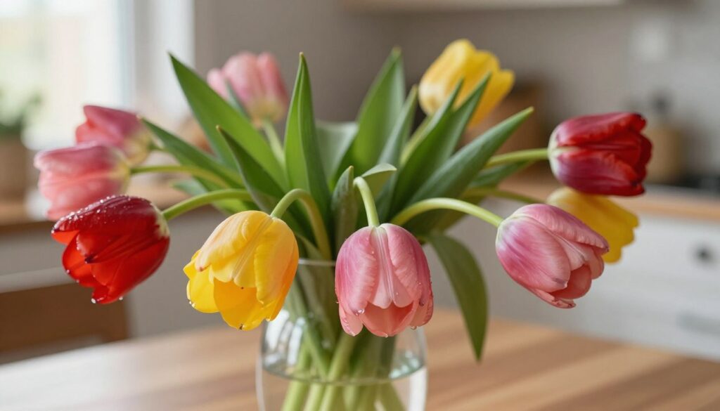 A close-up scene featuring a delicate arrangement of tulips in a glass vase, emphasizing drooping heads that indicate the flowers are wilting. The foreground highlights the vibrant colors of the tulips—rich reds, soft pinks, and sunny yellows—set against a clear, reflective glass surface. In the middle ground, lush green leaves surround the flowers, adding freshness to the composition. The background features a softly blurred kitchen setting with warm, natural light streaming in through a window, creating an inviting atmosphere. A gentle play of shadows enhances the texture of the petals and leaves, evoking a sense of urgency and care in preserving these beautiful blooms. The overall mood is serene yet poignant, prompting interest in techniques for reviving wilting tulips. A close-up scene featuring a delicate arrangement of tulips in a glass vase, emphasizing drooping heads that indicate the flowers are wilting. The foreground highlights the vibrant colors of the tulips—rich reds, soft pinks, and sunny yellows—set against a clear, reflective glass surface. In the middle ground, lush green leaves surround the flowers, adding freshness to the composition. The background features a softly blurred kitchen setting with warm, natural light streaming in through a window, creating an inviting atmosphere. A gentle play of shadows enhances the texture of the petals and leaves, evoking a sense of urgency and care in preserving these beautiful blooms. The overall mood is serene yet poignant, prompting interest in techniques for reviving wilting tulips.