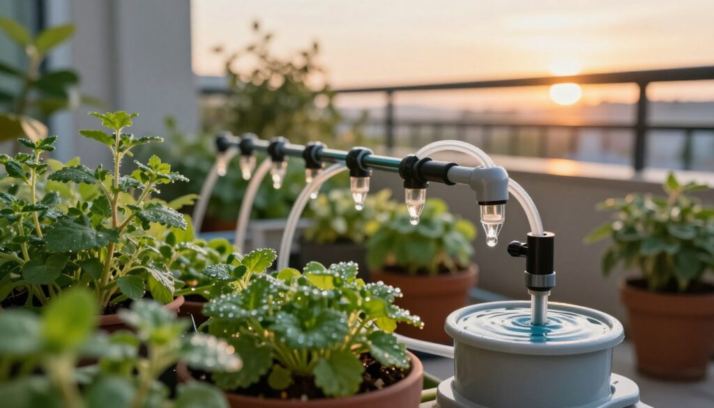A close-up scene of a drip irrigation system designed for balcony plants, showcasing detailed components such as water drippers, tubing, and a small water reservoir. In the foreground, lush green plants like herbs and small flowers are thriving, visibly benefiting from the watering system, with droplets glistening on the leaves. The middle ground features the intricate network of tubing artistically arranged around the pots, highlighting the human ingenuity behind automated plant care. The background depicts a serene balcony setting with a soft, golden sunset illuminating the scene, providing a warm and inviting atmosphere. The overall mood is serene and organized, emphasizing the ease and efficiency of modern gardening techniques.
