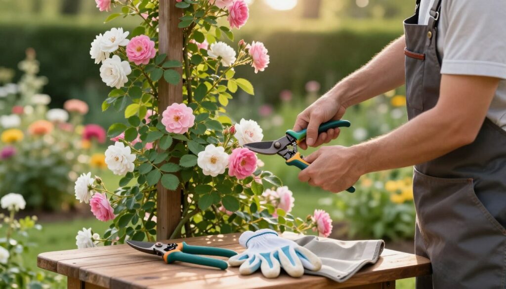 A close-up scene of a gardener gently pruning climbing roses in a lush garden. The gardener, dressed in a modest, professional outfit, carefully holds a pair of gardening shears, focused on trimming vibrant pink and white blossoms alongside rich green foliage. In the foreground, detailed tools like pruning shears, gloves, and a small gardening apron are neatly arranged on a wooden table. The middle ground features the trellis adorned with flowering rose vines, beautifully illuminated by soft, warm sunlight, creating a serene and inviting atmosphere. In the background, a soft blur of colorful garden blooms and green shrubbery adds depth to the scene. The overall mood is tranquil and nurturing, embodying the care involved in garden maintenance. A close-up scene of a gardener gently pruning climbing roses in a lush garden. The gardener, dressed in a modest, professional outfit, carefully holds a pair of gardening shears, focused on trimming vibrant pink and white blossoms alongside rich green foliage. In the foreground, detailed tools like pruning shears, gloves, and a small gardening apron are neatly arranged on a wooden table. The middle ground features the trellis adorned with flowering rose vines, beautifully illuminated by soft, warm sunlight, creating a serene and inviting atmosphere. In the background, a soft blur of colorful garden blooms and green shrubbery adds depth to the scene. The overall mood is tranquil and nurturing, embodying the care involved in garden maintenance.