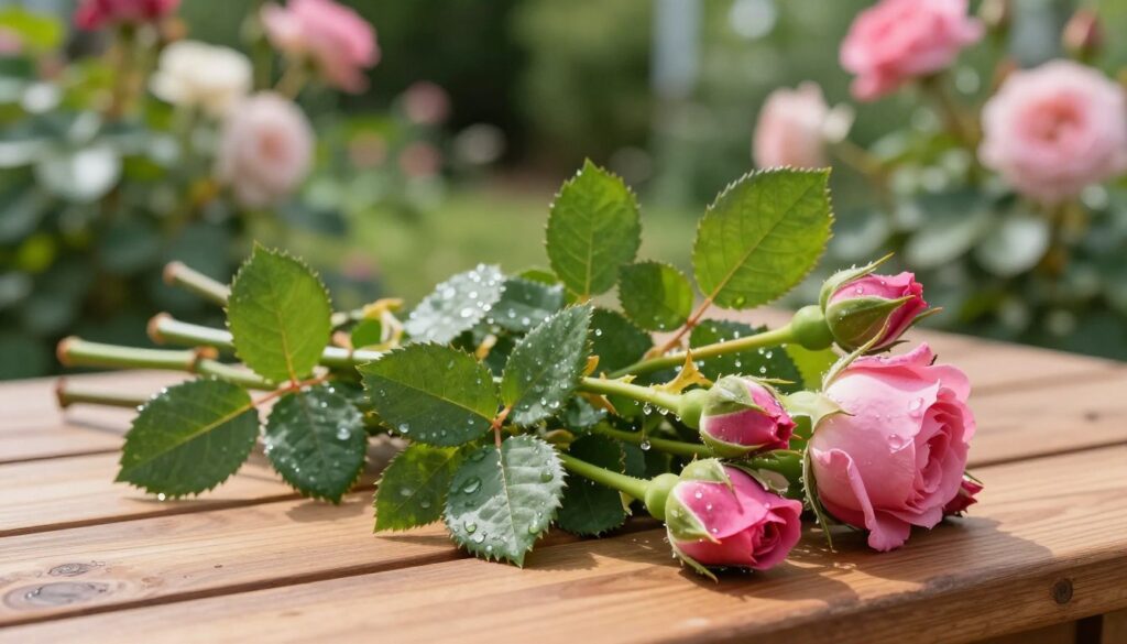 A close-up scene showcasing healthy rose cutting stems, freshly gathered, with rich green leaves and vibrant pink buds. The foreground features several cuttings with clean, angled ends resting on a wooden garden table. In the middle ground, soft sunlight filters through, casting delicate shadows that enhance the textures of the leaves and wood grain. The background displays a blurred, lush garden with blooming roses in various shades, creating a serene and nurturing atmosphere. The image is captured with a macro lens to emphasize the details, showcasing dew droplets on the leaves, while maintaining a warm and inviting light that hints at the joy of gardening and propagation. A close-up scene showcasing healthy rose cutting stems, freshly gathered, with rich green leaves and vibrant pink buds. The foreground features several cuttings with clean, angled ends resting on a wooden garden table. In the middle ground, soft sunlight filters through, casting delicate shadows that enhance the textures of the leaves and wood grain. The background displays a blurred, lush garden with blooming roses in various shades, creating a serene and nurturing atmosphere. The image is captured with a macro lens to emphasize the details, showcasing dew droplets on the leaves, while maintaining a warm and inviting light that hints at the joy of gardening and propagation.