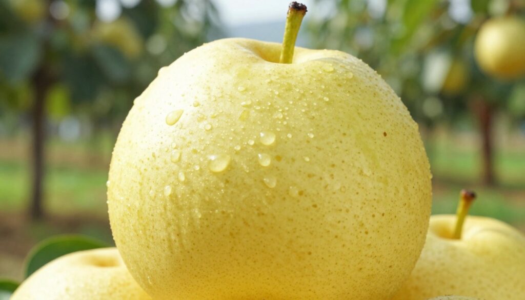 A close-up shot of a ripe nashi pear, highlighting its smooth, crisp skin that resembles a blend between an apple and a pear, glistening with dew in soft morning light. The foreground is focused on the textural details of the fruit, showcasing its vibrant yellow-green coloration with subtle speckles. In the background, a serene orchard scene unfolds, with lush green leaves softly blurred out, enhancing the freshness of the pear. The lighting is warm and inviting, emphasizing the fruit's natural shine and promoting a sense of excitement about tasting this Asian delicacy. The angle captures the pear slightly off-center to add depth, creating an atmosphere of natural beauty and inviting viewers to learn more about this unique fruit. A close-up shot of a ripe nashi pear, highlighting its smooth, crisp skin that resembles a blend between an apple and a pear, glistening with dew in soft morning light. The foreground is focused on the textural details of the fruit, showcasing its vibrant yellow-green coloration with subtle speckles. In the background, a serene orchard scene unfolds, with lush green leaves softly blurred out, enhancing the freshness of the pear. The lighting is warm and inviting, emphasizing the fruit's natural shine and promoting a sense of excitement about tasting this Asian delicacy. The angle captures the pear slightly off-center to add depth, creating an atmosphere of natural beauty and inviting viewers to learn more about this unique fruit.