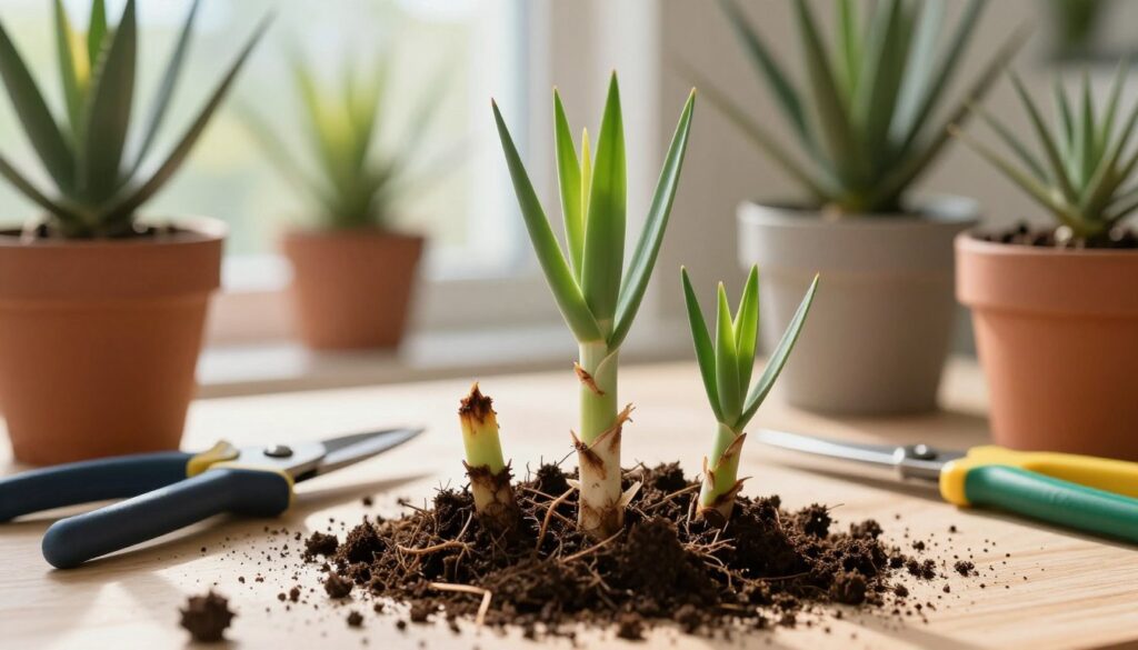 A close-up view of a Yucca plant being propagated, showcasing common mistakes made in the process of plant cloning. In the foreground, focus on improperly cut stems with browning tips, overwatered soil displaying root rot, and neglected offshoots with drooping leaves. In the middle, include a well-lit workspace with gardening tools such as shears, soil, and pots scattered around, highlighting the chaos of a propagation attempt. The background should feature a softly blurred indoor garden setting, with healthy Yucca plants thriving under natural sunlight coming through a window. The overall mood is educational yet slightly chaotic, emphasizing the learning curve involved in successful propagation. Use bright, inviting colors with warm lighting to create an engaging atmosphere. A close-up view of a Yucca plant being propagated, showcasing common mistakes made in the process of plant cloning. In the foreground, focus on improperly cut stems with browning tips, overwatered soil displaying root rot, and neglected offshoots with drooping leaves. In the middle, include a well-lit workspace with gardening tools such as shears, soil, and pots scattered around, highlighting the chaos of a propagation attempt. The background should feature a softly blurred indoor garden setting, with healthy Yucca plants thriving under natural sunlight coming through a window. The overall mood is educational yet slightly chaotic, emphasizing the learning curve involved in successful propagation. Use bright, inviting colors with warm lighting to create an engaging atmosphere.