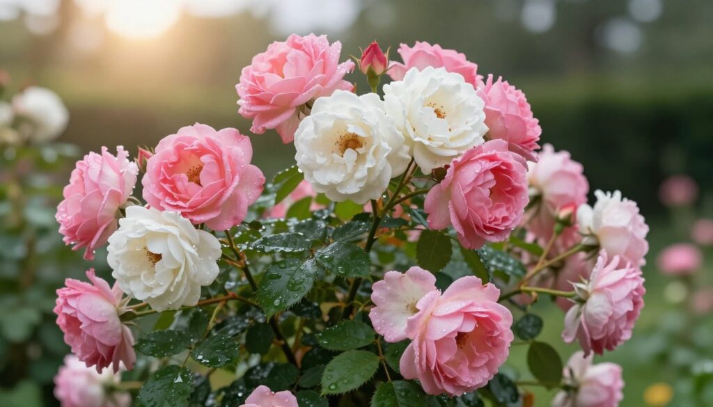 A close-up view of a beautifully maintained standard rose bush, showcasing healthy, vibrant "róże pienne" with lush, full blooms in various shades of pink and white. The flowers are adorned with delicate raindrops, highlighting their freshness. In the foreground, dark green leaves complement the blossoms, creating a lush contrast. The background depicts a softly blurred garden environment with gentle sunlight filtering through the trees, casting a warm glow on the scene. The image evokes a serene and inviting atmosphere, perfect for illustrating the care and beauty of standard roses. Use a shallow depth of field to emphasize the roses while keeping the background softly out of focus. Enhanced colors and soft natural lighting add to the overall warmth and appeal of the image. A close-up view of a beautifully maintained standard rose bush, showcasing healthy, vibrant "róże pienne" with lush, full blooms in various shades of pink and white. The flowers are adorned with delicate raindrops, highlighting their freshness. In the foreground, dark green leaves complement the blossoms, creating a lush contrast. The background depicts a softly blurred garden environment with gentle sunlight filtering through the trees, casting a warm glow on the scene. The image evokes a serene and inviting atmosphere, perfect for illustrating the care and beauty of standard roses. Use a shallow depth of field to emphasize the roses while keeping the background softly out of focus. Enhanced colors and soft natural lighting add to the overall warmth and appeal of the image.