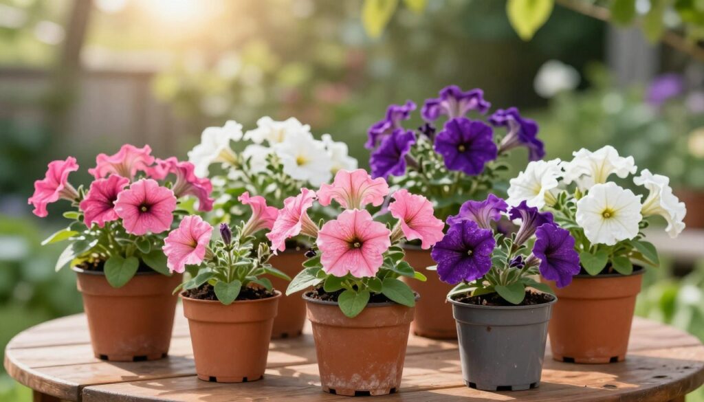 A close-up view of a collection of vibrant petunias in various colors—pink, purple, and white—planted in appropriately sized pots, arranged on a wooden potting table. Each pot should vary slightly in size to demonstrate the concept of container capacity, showing healthy, flourishing plants with lush green foliage. In the background, a soft-focus garden scene with sunlight filtering through trees creates a warm, inviting atmosphere. Use natural lighting to highlight the textures of the petals and leaves, with a shallow depth of field to accentuate the foreground. The mood should be serene and uplifting, reflecting the joy of gardening and plant care. A close-up view of a collection of vibrant petunias in various colors—pink, purple, and white—planted in appropriately sized pots, arranged on a wooden potting table. Each pot should vary slightly in size to demonstrate the concept of container capacity, showing healthy, flourishing plants with lush green foliage. In the background, a soft-focus garden scene with sunlight filtering through trees creates a warm, inviting atmosphere. Use natural lighting to highlight the textures of the petals and leaves, with a shallow depth of field to accentuate the foreground. The mood should be serene and uplifting, reflecting the joy of gardening and plant care.
