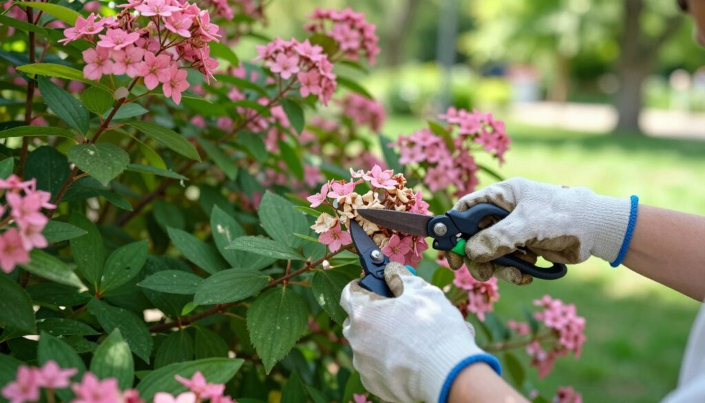 A close-up view of a gardener carefully removing wilted flower clusters from a blooming Spiraea japonica shrub. The foreground features the gardener's hands, gloved and gently trimming the faded blossoms with pruning shears. In the middle ground, lush green leaves and vibrant pinkish flowers of the shrub create a lively backdrop. The background is softly blurred, showcasing a sunny garden scene with dappled light filtering through trees, evoking a tranquil summer atmosphere. The composition captures the essence of gardening care and maintenance, with bright, natural lighting emphasizing the colors of the foliage and flowers. The scene is peaceful, inviting viewers to contemplate the beauty of garden upkeep.