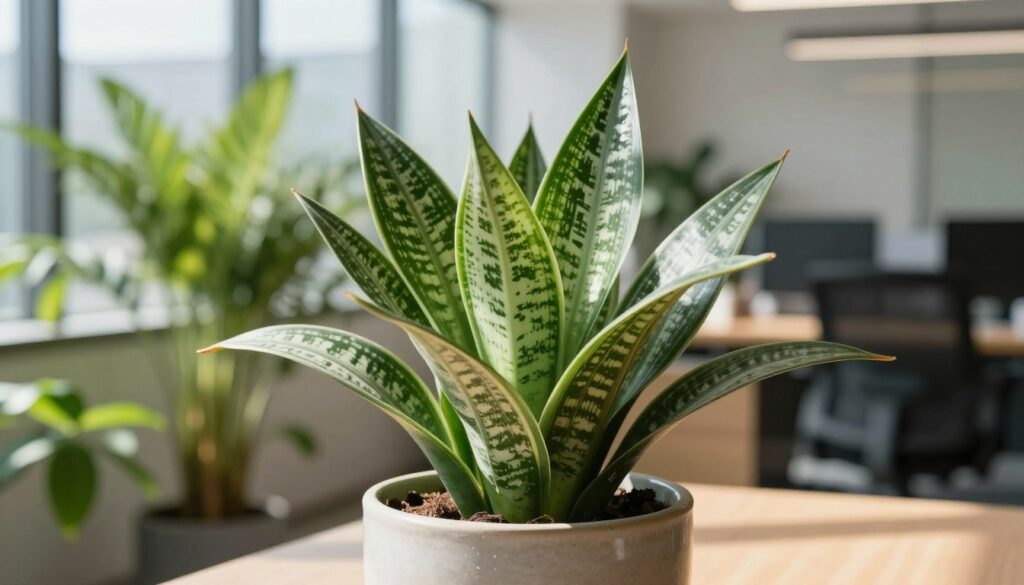 A close-up view of a healthy "Sansevieria trifasciata Hahnii Silver Zebra" plant, showcasing its striking, silver-stripe variegation against the lush green leaves. The foreground features the plant in a modern ceramic pot, with vibrant textures reflecting light. The middle ground displays additional greenery, including soft, blurred shapes of other tropical plants to enhance the exotic feel. In the background, an elegant office environment with large windows allows natural sunlight to stream in, casting warm, inviting shadows that create a calming atmosphere. The overall mood conveys serenity and productivity, perfectly illustrating the benefits of having exotic greenery in a workspace. Ensure a bright and well-lit setting, focusing on the intricate patterns of the leaves with a shallow depth of field for a professional, polished look. A close-up view of a healthy "Sansevieria trifasciata Hahnii Silver Zebra" plant, showcasing its striking, silver-stripe variegation against the lush green leaves. The foreground features the plant in a modern ceramic pot, with vibrant textures reflecting light. The middle ground displays additional greenery, including soft, blurred shapes of other tropical plants to enhance the exotic feel. In the background, an elegant office environment with large windows allows natural sunlight to stream in, casting warm, inviting shadows that create a calming atmosphere. The overall mood conveys serenity and productivity, perfectly illustrating the benefits of having exotic greenery in a workspace. Ensure a bright and well-lit setting, focusing on the intricate patterns of the leaves with a shallow depth of field for a professional, polished look.