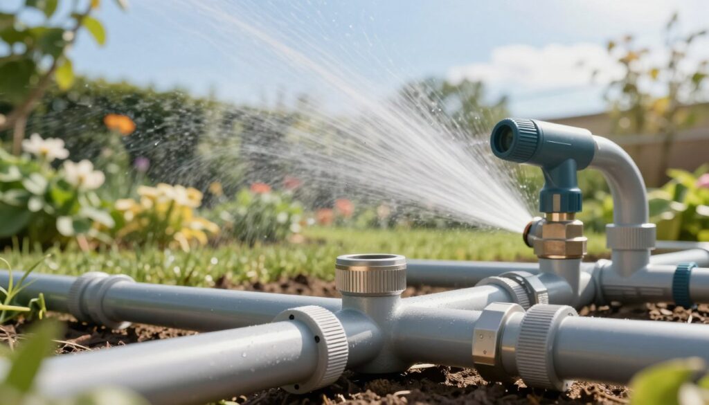 A close-up view of a modern garden irrigation system, showcasing various pipe connections and fittings designed to enhance water pressure. In the foreground, intricately detailed, robust PVC pipes in different diameters are connected with sleek, metallic joints. The middle ground features a well-manicured garden with green plants and flowers, demonstrating the effective watering achieved with improved water flow. In the background, there is a clear blue sky with soft, diffused sunlight illuminating the scene, creating a bright and inviting atmosphere. An angle from slightly above emphasizes the intricate layout of the plumbing system, highlighting its efficiency and professionalism. The mood conveys a sense of innovation and meticulous attention to detail, perfect for illustrating modernization in garden irrigation systems. A close-up view of a modern garden irrigation system, showcasing various pipe connections and fittings designed to enhance water pressure. In the foreground, intricately detailed, robust PVC pipes in different diameters are connected with sleek, metallic joints. The middle ground features a well-manicured garden with green plants and flowers, demonstrating the effective watering achieved with improved water flow. In the background, there is a clear blue sky with soft, diffused sunlight illuminating the scene, creating a bright and inviting atmosphere. An angle from slightly above emphasizes the intricate layout of the plumbing system, highlighting its efficiency and professionalism. The mood conveys a sense of innovation and meticulous attention to detail, perfect for illustrating modernization in garden irrigation systems.
