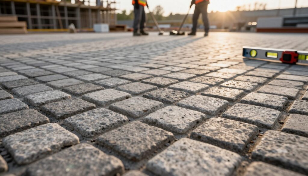 A close-up view of a newly installed cobblestone pavement showcasing varying thicknesses in the surface, emphasizing the technical parameters influencing durability. In the foreground, focus on a section of the pavement with clearly defined cobblestones, highlighting the different sizes and depth of the joints. The middle ground features tools, like a measuring tape and a level, symbolizing the precision involved in assessing the pavement's thickness. In the background, a construction site with workers in professional attire examining the paving process, bathed in soft, natural lighting from a late afternoon sun, creating a warm and inviting atmosphere. The angle captures the texture and rich details of the cobblestones, emphasizing their sturdiness and design.