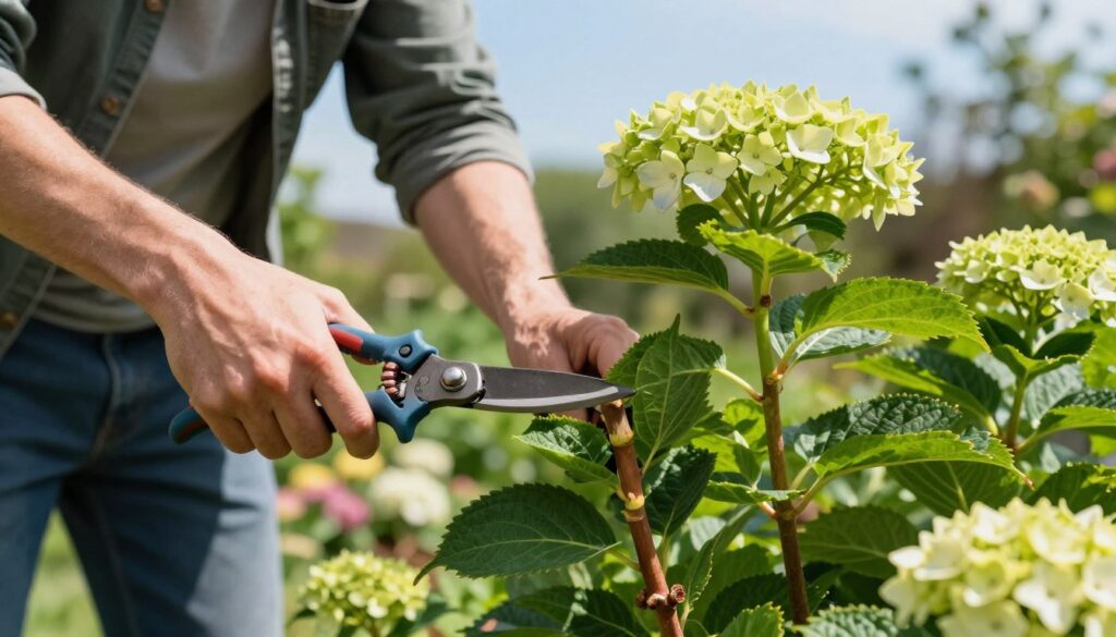 A close-up view of a professional gardener performing spring pruning on a Hydrangea arborescens, showcasing the process of trimming its one-year-old stems. The foreground features the gardener, wearing modest casual clothing, carefully using pruning shears to shape the bush. In the middle ground, vibrant green leaves are clustered around the freshly cut stems, highlighting the healthy growth and rich texture of the plant. The background reveals a serene garden scene adorned with softly blurred flowering plants and a clear blue sky, adding to the tranquil mood. The lighting is bright and natural, casting soft shadows that enhance the details. The angle captures both the gardener and the hydrangea, emphasizing the care and technique of spring pruning. A close-up view of a professional gardener performing spring pruning on a Hydrangea arborescens, showcasing the process of trimming its one-year-old stems. The foreground features the gardener, wearing modest casual clothing, carefully using pruning shears to shape the bush. In the middle ground, vibrant green leaves are clustered around the freshly cut stems, highlighting the healthy growth and rich texture of the plant. The background reveals a serene garden scene adorned with softly blurred flowering plants and a clear blue sky, adding to the tranquil mood. The lighting is bright and natural, casting soft shadows that enhance the details. The angle captures both the gardener and the hydrangea, emphasizing the care and technique of spring pruning.