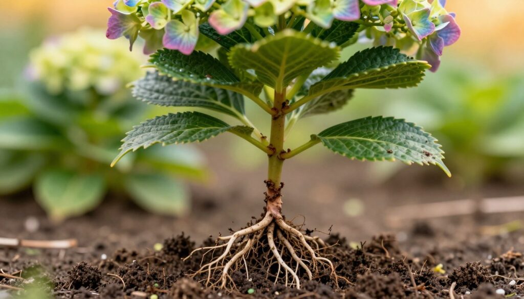 A close-up view of a rescued hydrangea plant with wilted leaves and exposed roots. The foreground highlights the intricate details of the roots, showing signs of recovery as they are delicately placed in fresh, well-draining soil. In the middle ground, the vibrant, rehydrated leaves emerge with a rich spectrum of green and hints of the flower buds' colorful hues. The background features a soft-focus garden setting, gently illuminated by warm, golden sunlight. The atmosphere conveys a sense of hope and rejuvenation, reflecting the steps taken to save the plant from overwatering. The image is captured with a macro lens, emphasizing texture and color, while maintaining a natural and calming composition. A close-up view of a rescued hydrangea plant with wilted leaves and exposed roots. The foreground highlights the intricate details of the roots, showing signs of recovery as they are delicately placed in fresh, well-draining soil. In the middle ground, the vibrant, rehydrated leaves emerge with a rich spectrum of green and hints of the flower buds' colorful hues. The background features a soft-focus garden setting, gently illuminated by warm, golden sunlight. The atmosphere conveys a sense of hope and rejuvenation, reflecting the steps taken to save the plant from overwatering. The image is captured with a macro lens, emphasizing texture and color, while maintaining a natural and calming composition.