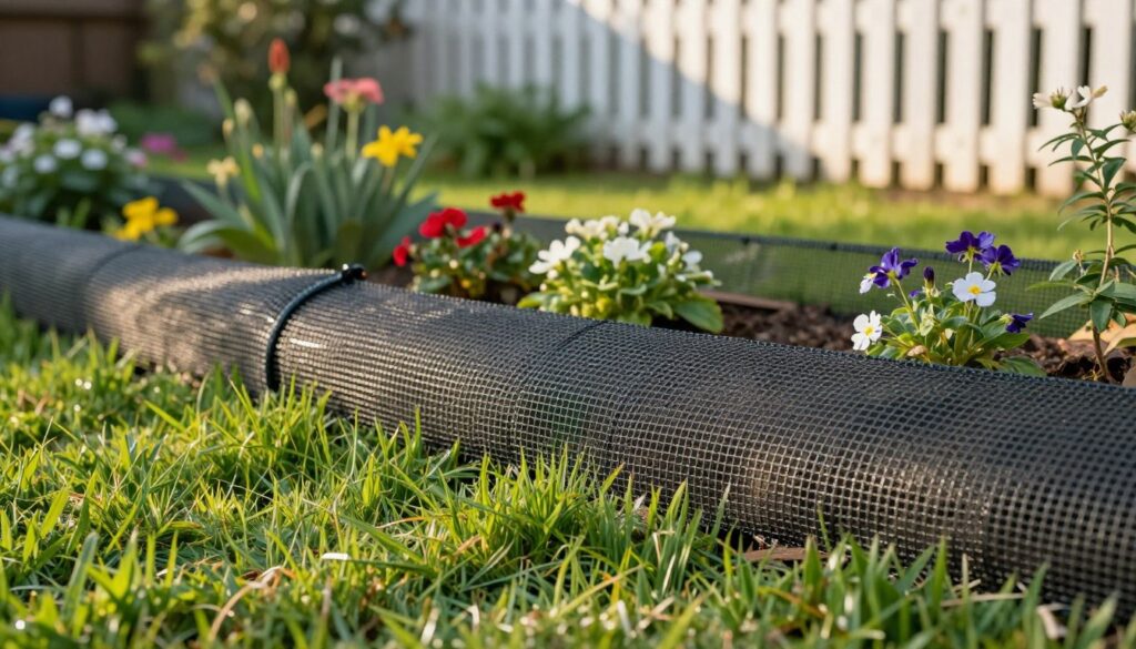 A close-up view of a rodent-proof mesh barrier installed under a lush green lawn. The foreground features the detailed texture of the mesh, highlighting its sturdy weave and small openings designed to prevent rodents from burrowing. In the middle ground, vibrant flowers and plants surround the edge of the installed mesh, illustrating its integration into the garden landscape. The background shows a slightly blurred, idyllic garden scene with a white picket fence, casting soft shadows in the warm afternoon sunlight. The overall mood is serene and protective, emphasizing the importance of the rodent barrier in maintaining garden integrity. Use natural lighting to enhance the colors and textures, with a shallow depth of field focusing on the mesh itself.