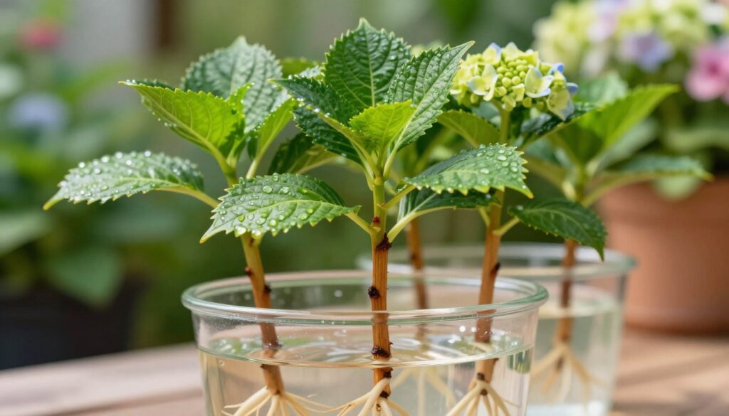 A close-up view of a vibrant hydrangea cutting, showcasing freshly cut wooden stems with healthy leaves. The foreground features glistening dew droplets on the leaves, emphasizing freshness and vitality. In the middle ground, multiple cuttings are arranged in a clear glass container filled with water, highlighting their roots starting to develop. The background is softly blurred, with hints of a garden setting, including blurred green foliage and hints of colored blossoms to create depth. The image is illuminated by soft, natural sunlight, casting gentle shadows, evoking a peaceful and nurturing atmosphere. The focus is sharp on the cuttings to accentuate their importance in the propagation process.