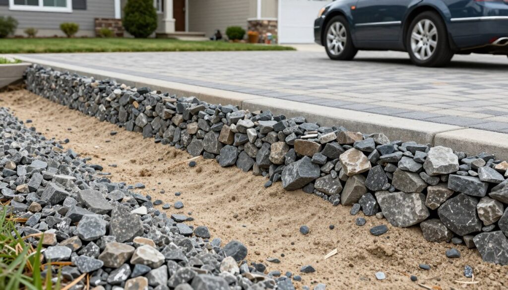 A close-up view of a well-constructed driveway subbase, showcasing layers of compacted gravel and sand, with a focus on stability and drainage. In the foreground, detail the texture of the materials, emphasizing their density and arrangement. The middle ground should present the transition from the subbase to a decorative paving layer, illustrating how the structure supports a personal vehicle, like a sedan. In the background, include a residential setting, with a well-maintained house and landscaping to convey context. The lighting should be soft and natural, suggesting a sunny day, with shadows accentuating the textures. Capture the essence of solid, durable construction, reflecting the importance of a strong foundation for driveway stability. A close-up view of a well-constructed driveway subbase, showcasing layers of compacted gravel and sand, with a focus on stability and drainage. In the foreground, detail the texture of the materials, emphasizing their density and arrangement. The middle ground should present the transition from the subbase to a decorative paving layer, illustrating how the structure supports a personal vehicle, like a sedan. In the background, include a residential setting, with a well-maintained house and landscaping to convey context. The lighting should be soft and natural, suggesting a sunny day, with shadows accentuating the textures. Capture the essence of solid, durable construction, reflecting the importance of a strong foundation for driveway stability.