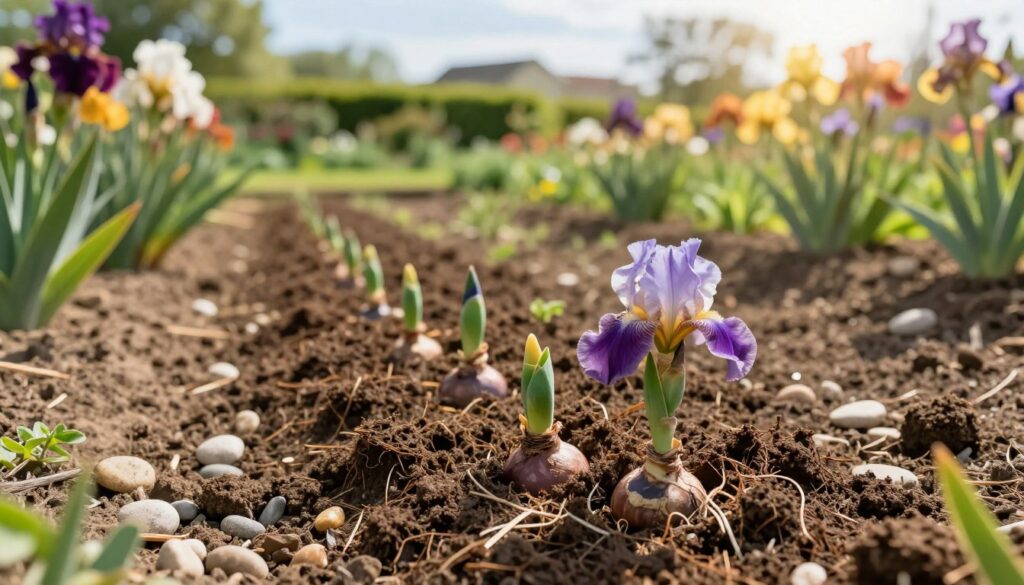 A close-up view of a well-prepared soil bed for iris cultivation, showcasing nutrient-rich earth with a mix of organic compost and pebbles, indicating an ideal growing medium. In the foreground, vibrant iris bulbs with green shoots emerge from the rich soil, showcasing their hardy roots. The middle ground features a well-structured planting area, with aligned rows ready for planting, surrounded by lush green foliage. In the background, a soft-focus garden setting with blooming irises in various colors, under a bright, sunny sky that casts warm, inviting light, enhancing the colors and textures of the garden. The overall mood is serene and hopeful, conveying the joy of gardening and the beauty of nurturing these flowers. A close-up view of a well-prepared soil bed for iris cultivation, showcasing nutrient-rich earth with a mix of organic compost and pebbles, indicating an ideal growing medium. In the foreground, vibrant iris bulbs with green shoots emerge from the rich soil, showcasing their hardy roots. The middle ground features a well-structured planting area, with aligned rows ready for planting, surrounded by lush green foliage. In the background, a soft-focus garden setting with blooming irises in various colors, under a bright, sunny sky that casts warm, inviting light, enhancing the colors and textures of the garden. The overall mood is serene and hopeful, conveying the joy of gardening and the beauty of nurturing these flowers.